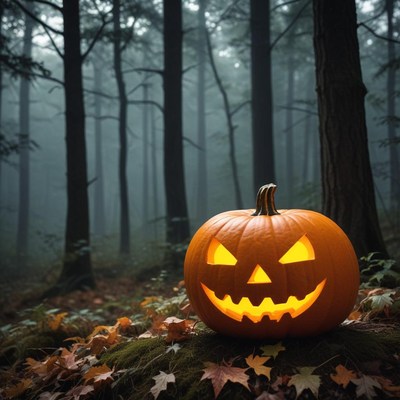 Spooky pumpkin in a misty forest