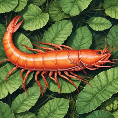 Bright red shrimp on green leaves