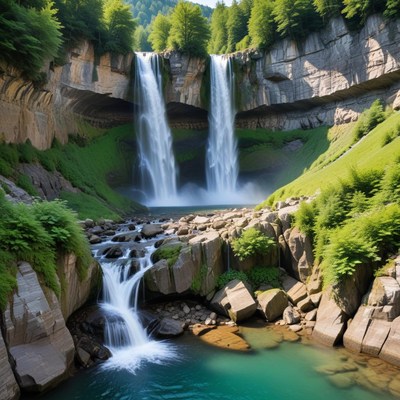 Majestic waterfall in green landscape