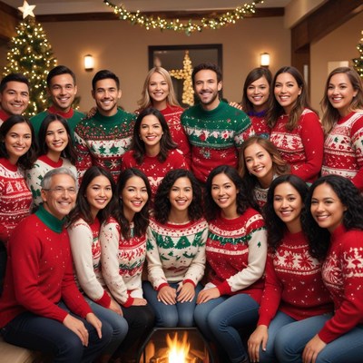 Holiday gathering in festive sweaters