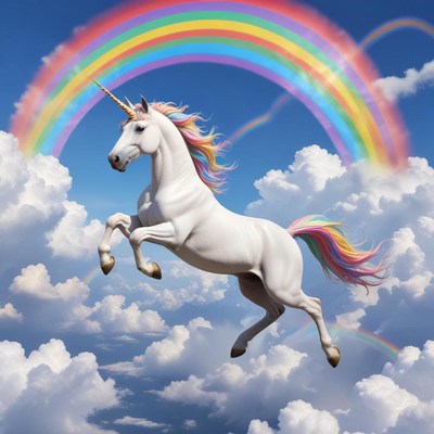 Magical unicorn jumping through clouds