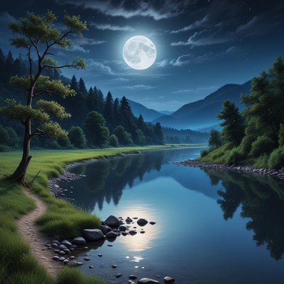 Moonlit river landscape at night