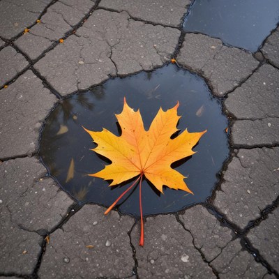 Bright yellow leaf resting in puddle