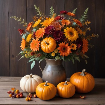 Autumn bouquet and pumpkins display