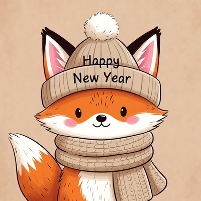 Festive fox wearing hat and scarf