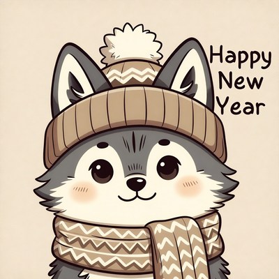 Cute wolf character celebrates new year
