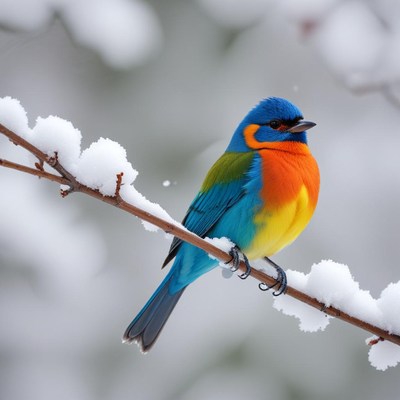 Colorful bird on snowy branch