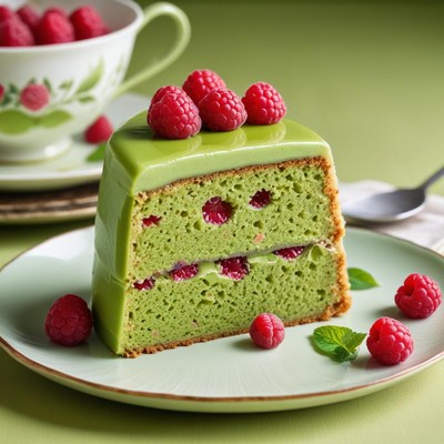 Delightful green tea raspberry cake slice