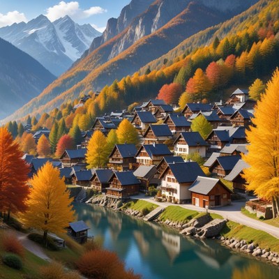 Village in autumn mountains