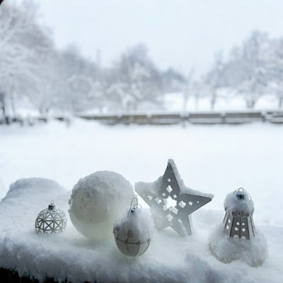 Winter decorations covered in snow
