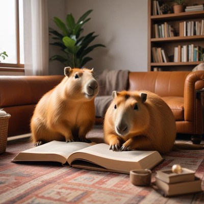 Capybaras reading in cozy room