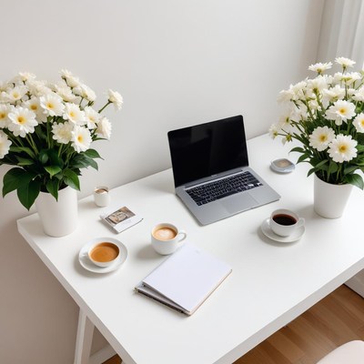 Cozy workspace with coffee and flowers