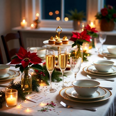 Festive holiday dinner setup with decorations