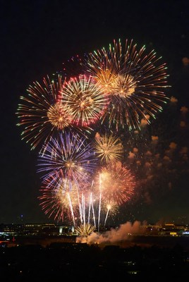 Fireworks display over city skyline