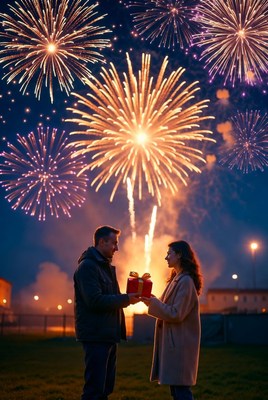 Couple celebrating with fireworks and gifts