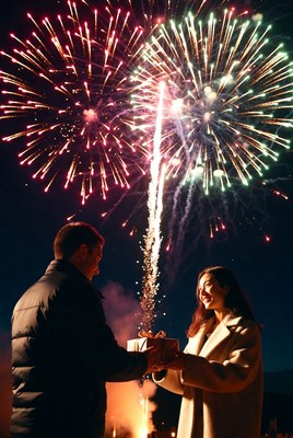 Couple celebrating with fireworks at night
