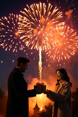 Romantic fireworks celebration at night