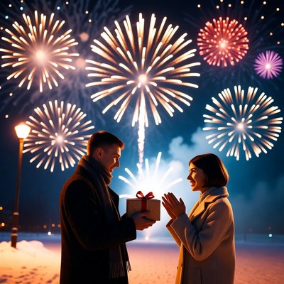 Couple celebrating with fireworks at night