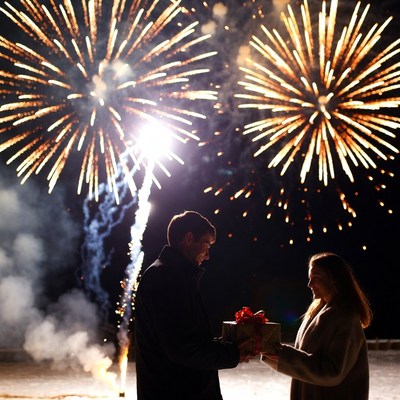 Couple celebrates new year with fireworks