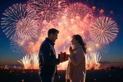 Romantic gift exchange with fireworks display