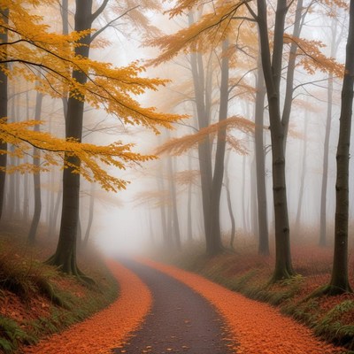Autumn path through a foggy forest