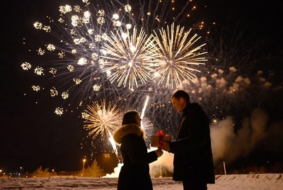 Couple celebrates with fireworks display