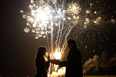 Romantic celebration with fireworks at night