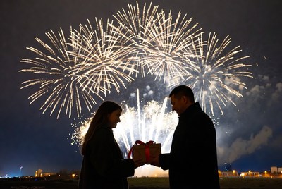 Couple exchanging gift during fireworks