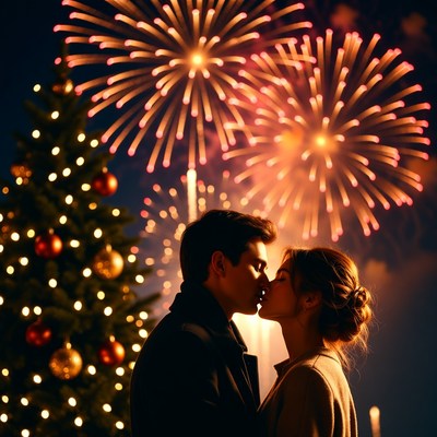 Romantic new year celebration with fireworks