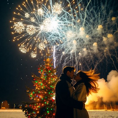Love and fireworks in winter night