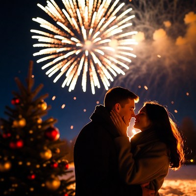 Couple celebrating under fireworks