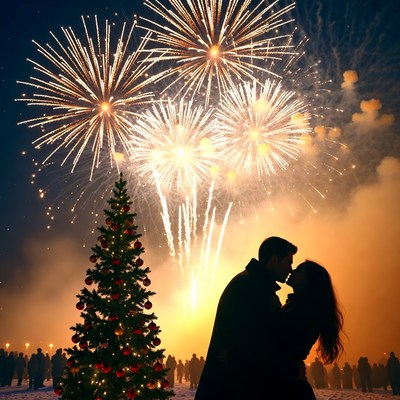 Couple kissing under fireworks display