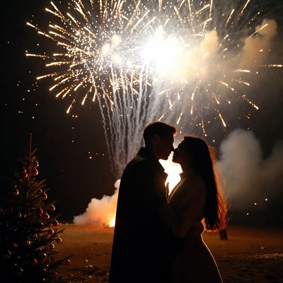 Couples celebrate under fireworks show