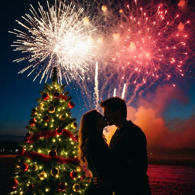 Couple kissing under fireworks display