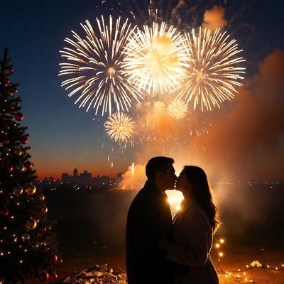 Romantic couple under fireworks display