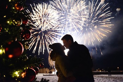 Romantic new year celebration with fireworks