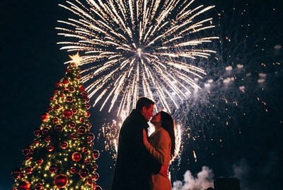 Romantic new year celebration under fireworks