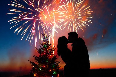 Couple kissing with fireworks backdrop