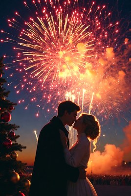 New year's kiss with fireworks display
