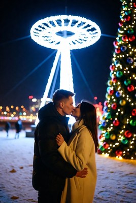 Couple embracing under bright lights
