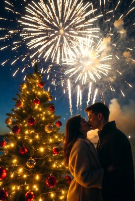 Couples new year celebration with fireworks