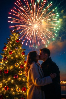 Fireworks and christmas kiss celebration