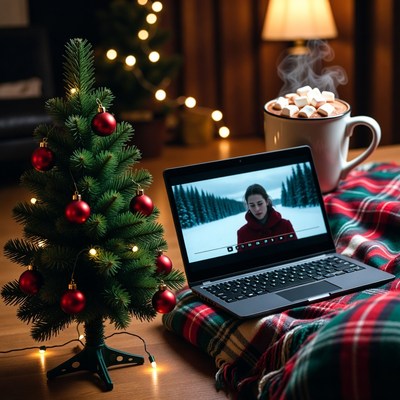 Cozy winter movie night scene