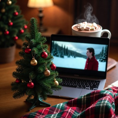 Cozy winter scene with online movie