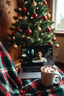 Cozy holiday scene with hot chocolate