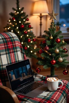 Cozy holiday scene with laptop