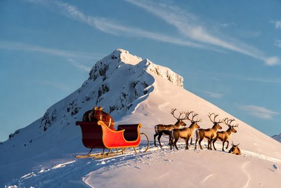 Reindeer and sleigh in snowy landscape