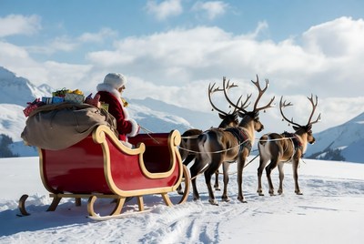 Reindeer pulling sleigh in snowy mountains
