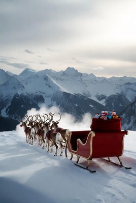 Reindeer pulling sleigh in snowy mountains