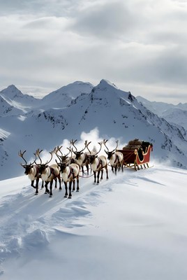 Reindeer sledding in snowy mountains